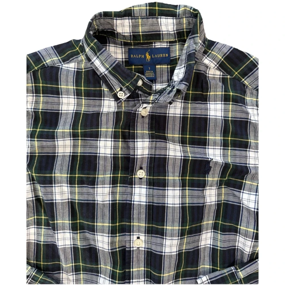 Ralph Lauren‎ Polo Boys Size 7 Blue Green Plaid Button-Down Dress Shirt Preppy